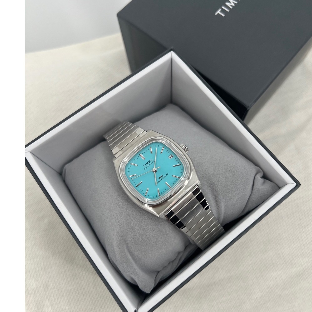 Timex Q 1983 E-Line Automatic Watch – Light Blue "TV Dial," NWT, Missing Clasp